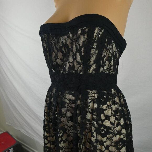 Angie Strapless Nude Illusion Floral Lace Overlay Dress Empire High Waist Black - Picture 2 of 10